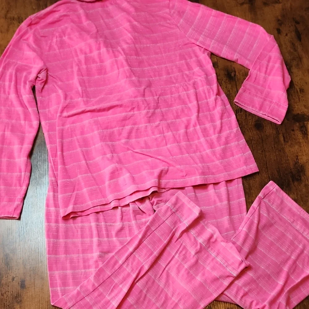VICTORIA'S SECRET | Pink Silver Metallic Stripe Long Sleeve Wide Leg Pajamas | L